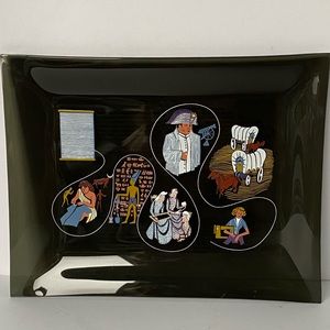 Coats And Clark STORY OF THREADS 1962 Smoky Gray Art Glass Plate Dish Tray 7”x9”